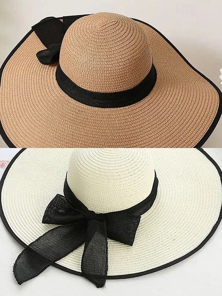 elegant solhatt med bred brätte för kvinnor – sommarhatt i stråhatt med svart rosett, UV-skydd, hopfällbar floppy hatt för semester, trädgårdsfester och utomhusresor 2025 - $14.99 –P6