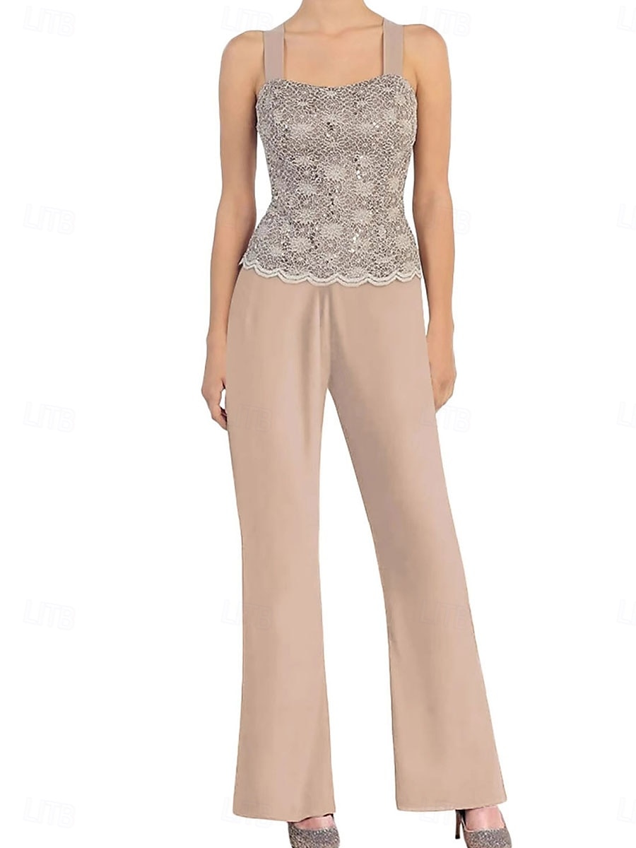 Hosenanzug Mutter der Braut Kleid Elegantes einfaches Rundhals Knöchellang Polyester Langarm mit Spitze Einfarbig 2025 - $103.99 –P4