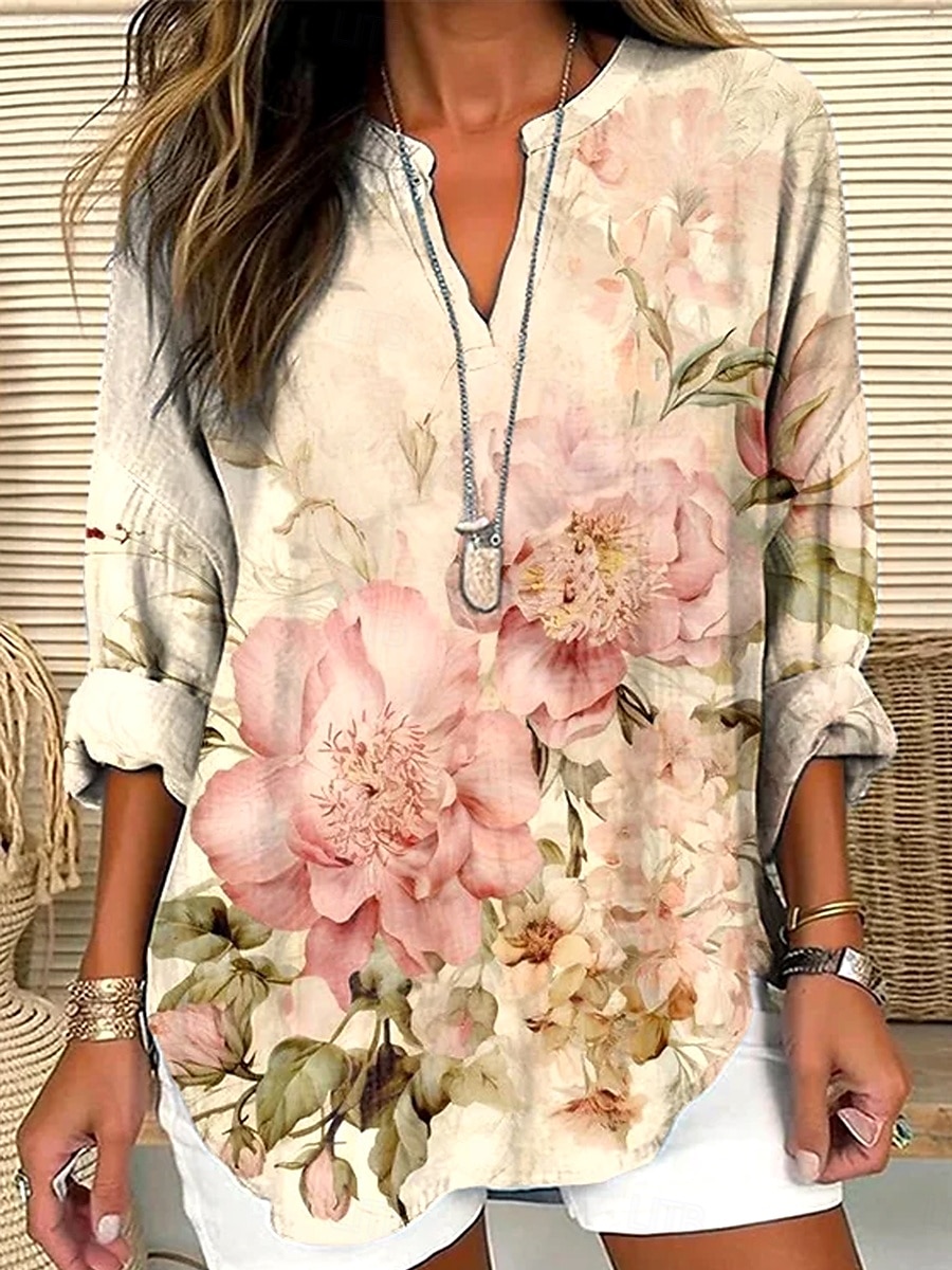 Damen Bluse Blumen Hawaiianisch Basic Lässig Langarm V Ausschnitt Normale Oberteile Täglich Ferien Knöpfe Druck Aprikose Sommer Frühling 2025 - $24.99 –P1