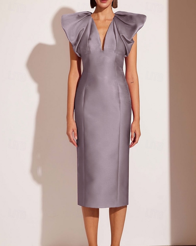 Sukienki koktajlowe typu sheath/kolumna elegancka formalna sukienka ślubna tea długości midi krótki rękaw dekolt w kształcie litery V różowa sukienka satynowa z fałdami 2025 - $144.99 –P5