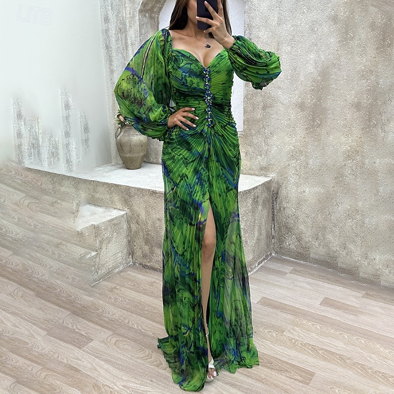 Femme robe longue robe soirée Robe froncée Mode Soirée Standard Fleur manche longue Col V Jaune Vin Bleu Vert Eté de 2025 ? $30.99 –P11