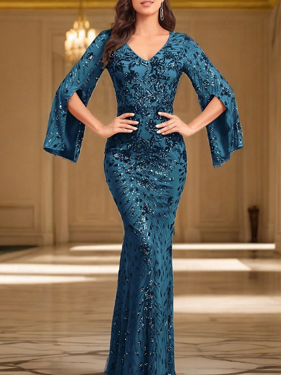 Havfrue  Trompet Quinceanera Kjoler Elegant Kjole Bryllup Bryllups gjest Gulv Lengde Lange Ermer V Hals Spandex med Paljetter 2025 - $129.99 –P6