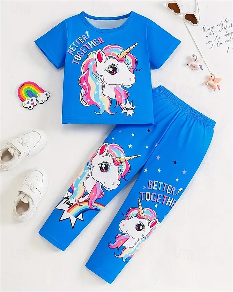 Tyttöjen 3D Yksisarvinen Pyjama-setit Tee & Pants Pyjama-setit Lyhythihainen 3D-tulostus Kesä Kevät Aktiivinen Perus Lapset 4 vuotta + Tiukka pyöreä kaula-aukko Koti Päivittäin Normaali 2025 - $17.99 –P12