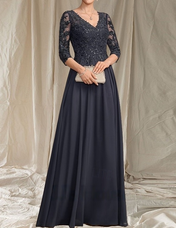 Linea ad A Abito da cerimonia per signora Ospite di nozze Elegante Scollo a V Lunghezza al pavimento Chiffon Manica 3/4 con Perline Applicazioni 2025 del 2025 a $160.99 –P1