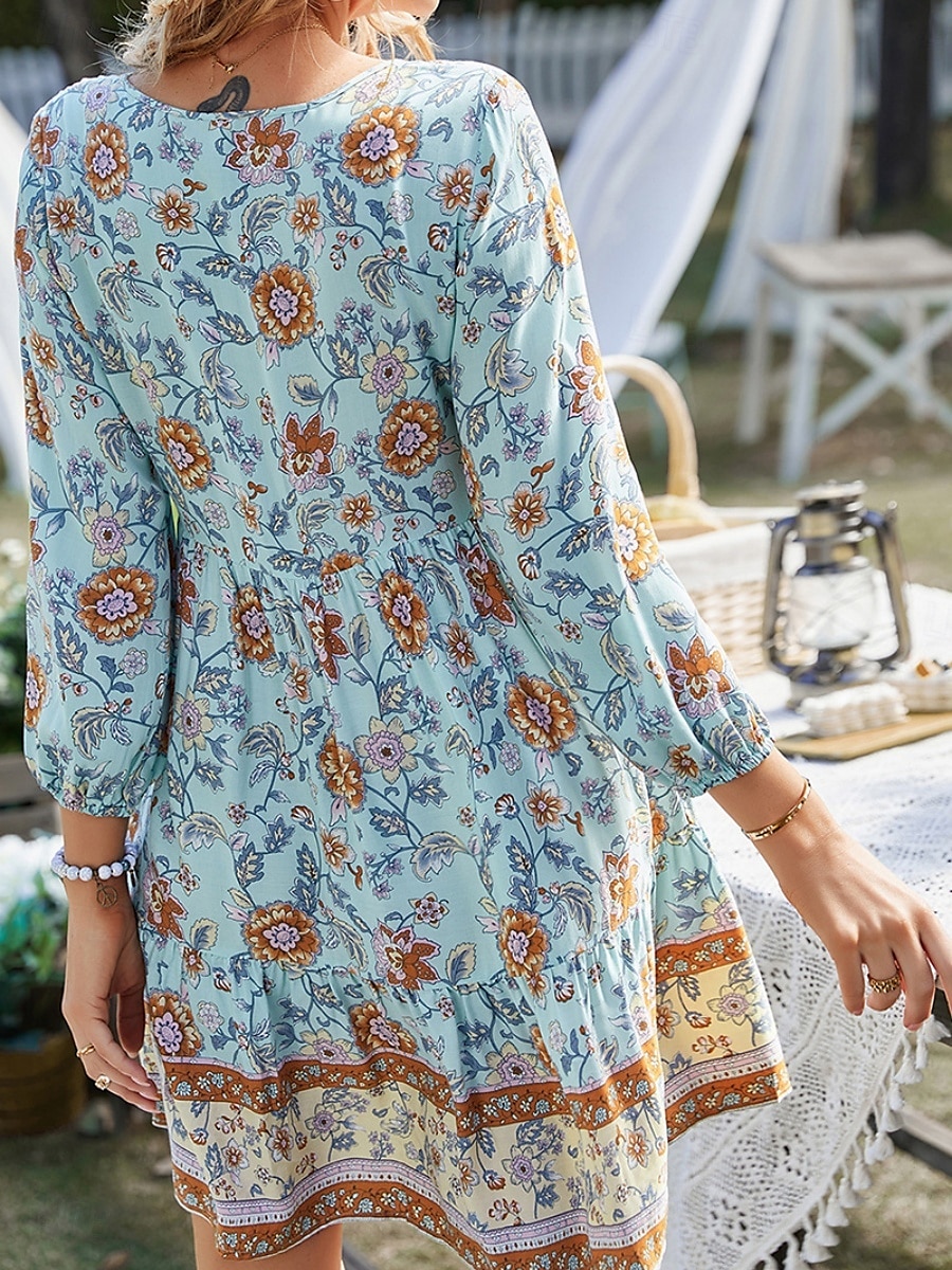 Dam Mini klänning Vardagsklänning Sommarklänning Boho-klänning Mode Utomhus Semester Dagligen Normal Blommig 3/4 ärm V-hals Gul Rodnande Rosa Blå Grön Sommar 2025 - $24.99 –P12