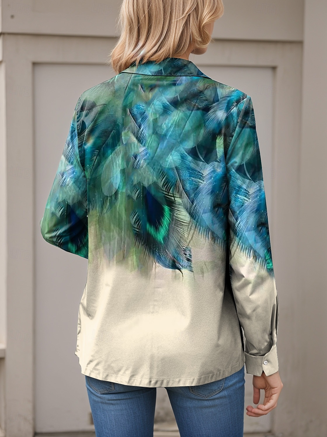 Femmes Chemise Graphique Plume Occasionnel manche longue Col de chemise Hauts Réguliers Travail Quotidien Boutons Imprimé Bleu Été Printemps de 2025 ? $32.99 –P2