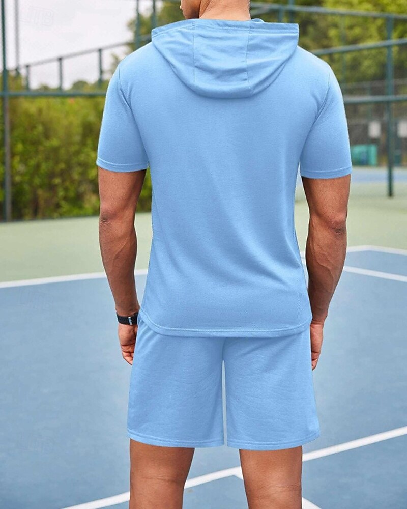 Bărbați Trening Tricou și pantaloni scurți Set de ținute Hanorac cu gluga În aer liber Zilnic Sport Buzunar Cordon Simplu Roșu Vin Negru Alb Poliester Îmbrăcăminte de Sport  Șic Stradă Ușor Vară 2025 - $30.99 -P17