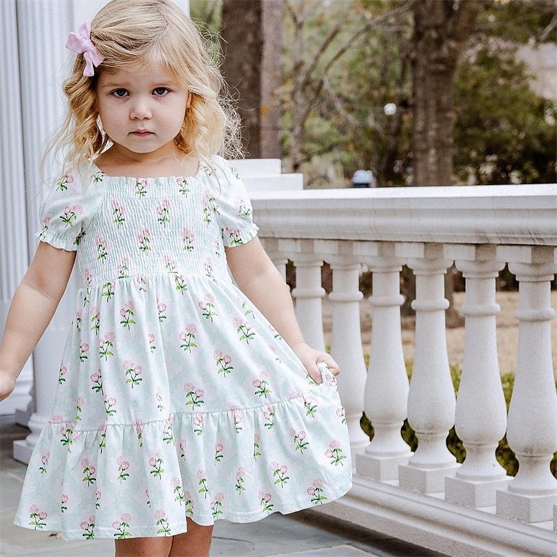 Enfants Fille Robe Fleuri Manche Courte Extérieur Occasionnel Mode Adorable 100% Coton Mi-long Robe Décontractée Robe trapèze Été 4 ans et + Rose Claire Rouge Bleu de 2025 ? $17.49 –P8