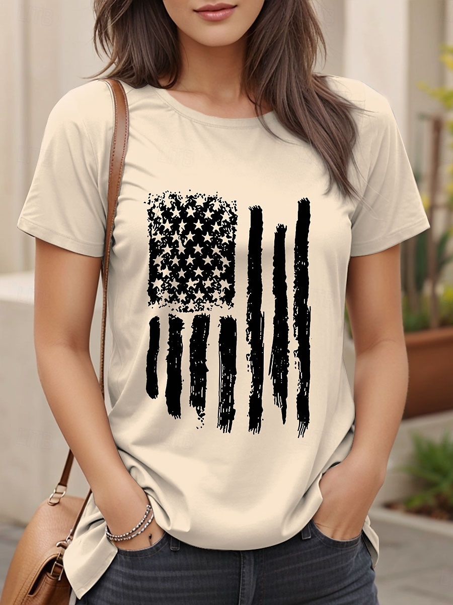 T-shirt patriotique pour femmes graphique avec drapeau décontracté à manches courtes col rond hauts réguliers imprimé quotidien noir vert blanc cassé été de 2025 ? $19.99 –P1