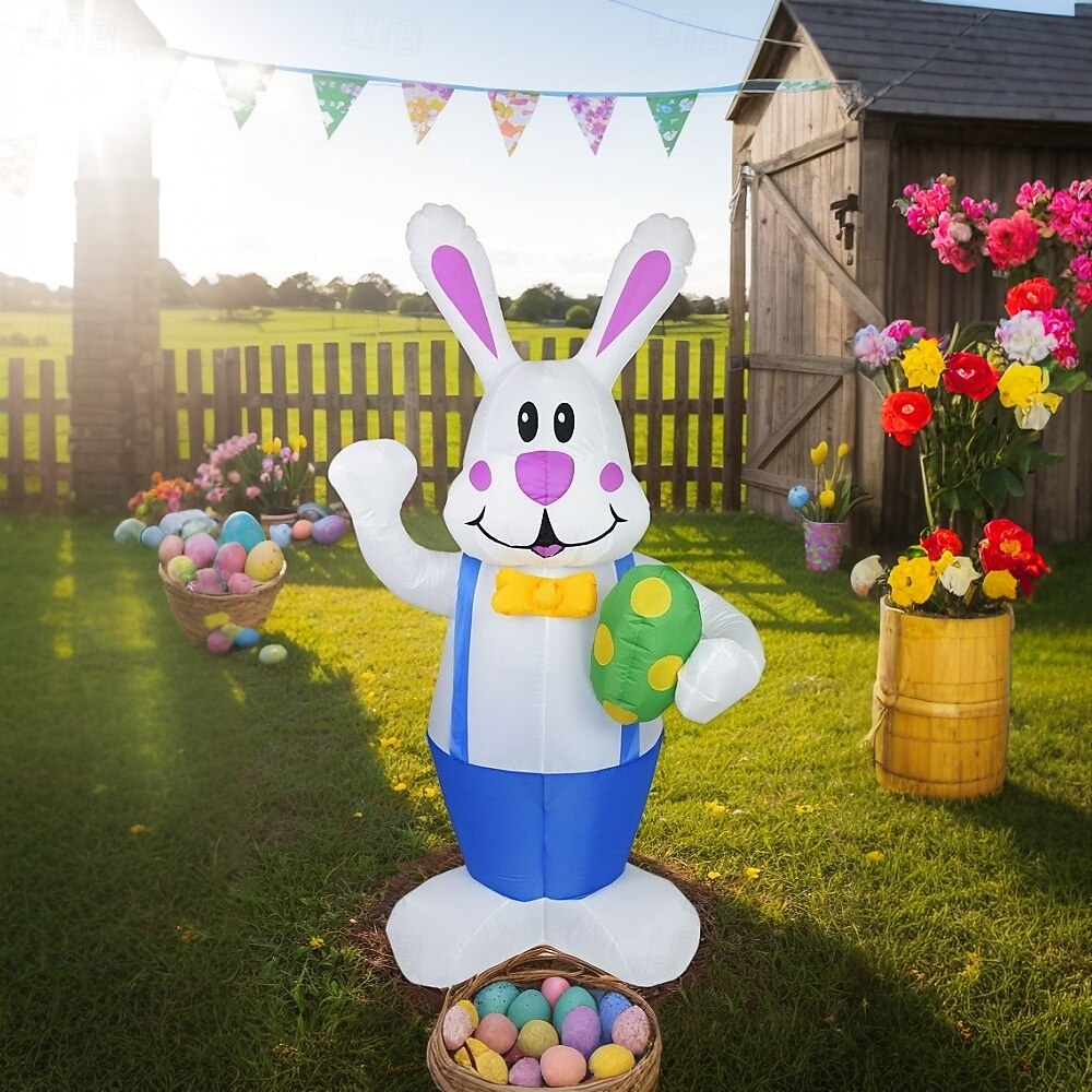 Modelo inflable de Pascua de 1,9 m/6,2 pies, mono con forma de conejo que sostiene un huevo de Pascua con luz, enchufe AU/EU/UK/US, para interiores y exteriores, patio, jardín, césped, fiesta, 2025 - $86.99 –P1
