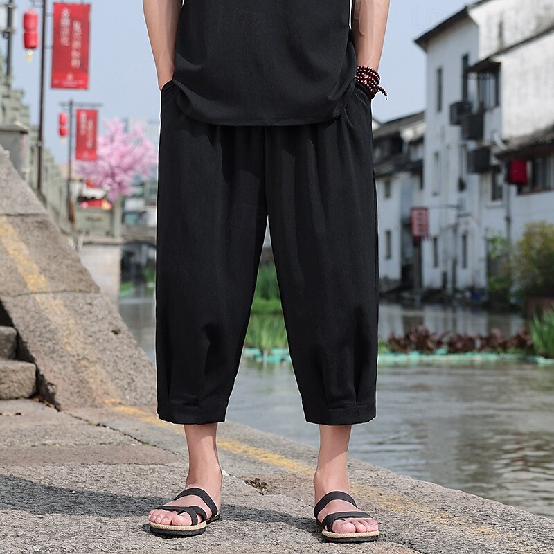 Men's Capri Pants Shorts Linen Shorts Summer Shorts Beach Shorts Drawstring Elastic Waist Baggy Plain Comfort Breathable Calf-Length Outdoor Casual Daily Fashion Retro Vintage Black White 2025 - $24.99 –P6