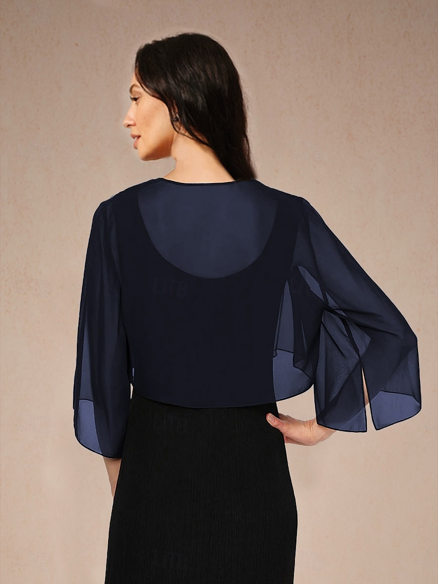 Dam Flytande toppar Chiffong toppar Ensfärgat Elegant 3/4 ärm Asymmetrisk Crop Tops Bröllopsgäst Marinblå Sommar Vår Höst 2025 - $29.99 –P2