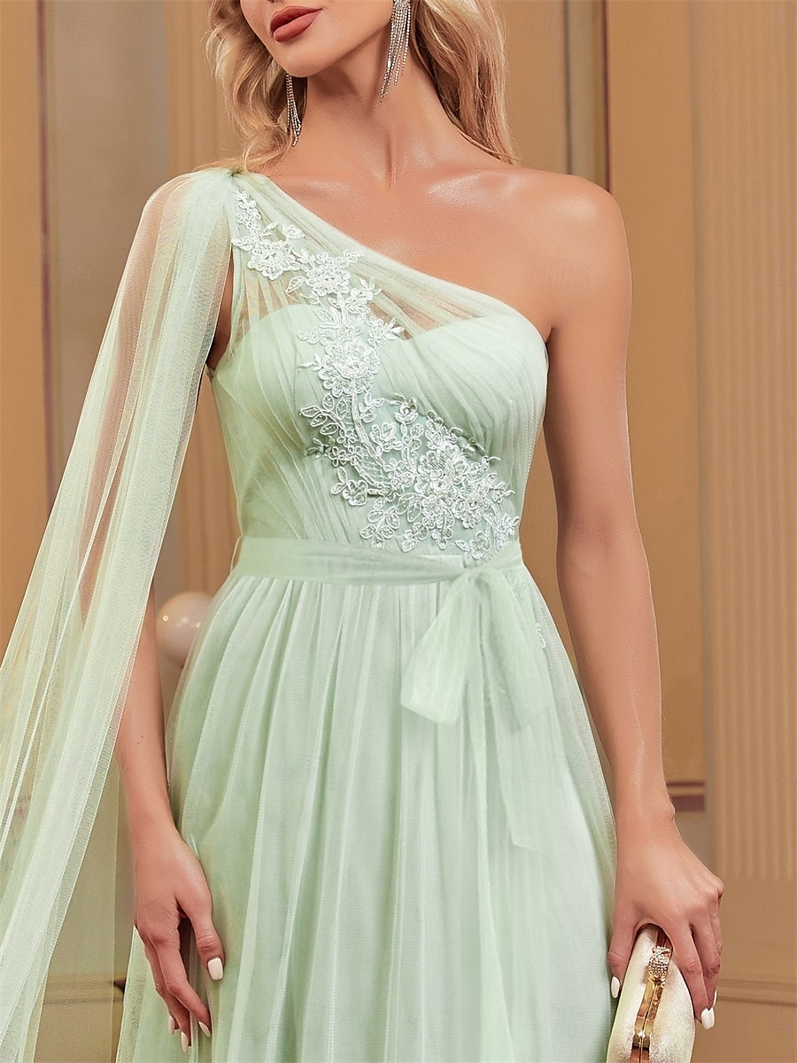 Sukienki A-line na quinceanera elegancka sukienka weselna dla gości długości do ziemi bez rękawów jedno ramię szyfonowa z aplikacjami 2025 - $113.99 –P7