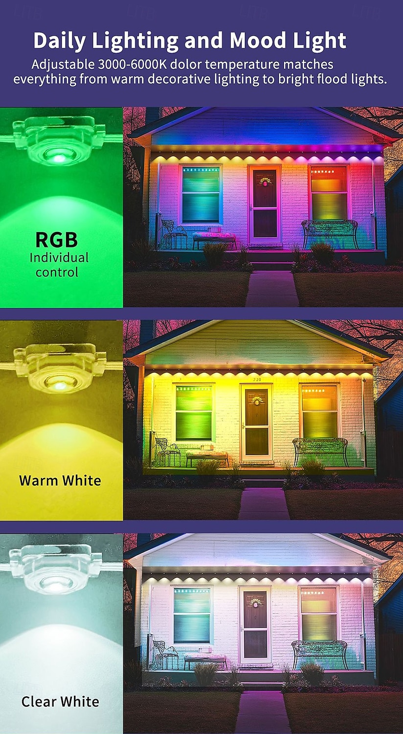 2025年 家のための恒久的な屋外ライト RGB 15m/10m LED ストリングライト 防水 スマート LED 軒先ライト アプリ付き &リモコンクリスマスパーティー、毎日のハロウィーン、すべての休日の装飾、家の屋根と庭の照明 コレクション – $67.99 –P4
