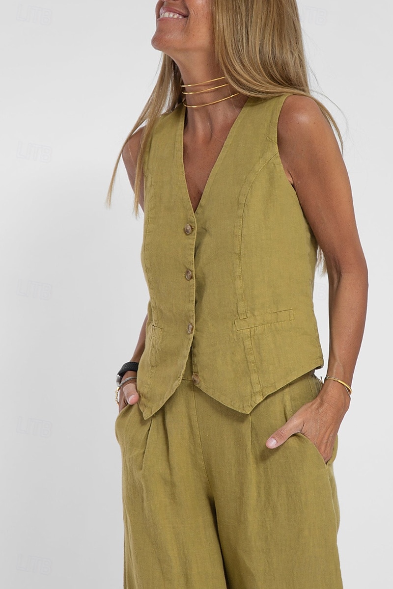 Women's Active Basic Linen-Inspired Sets Two Piece Sets Blouse Sleeveless V Neck Solid Color Dubbele Rij Knopen Vacation Casual Daily Black White Wine Summer Regular Fit 2025 - $26.99 –P8