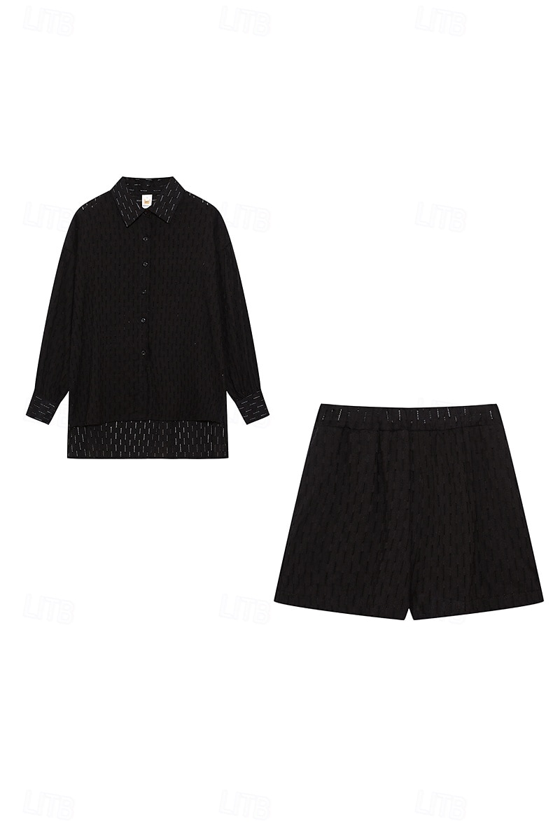 Women's Active Basic Shirt Shorts Sets Long Sleeve Shirt Collar Solid Color Dubbele Rij Knopen Holiday Casual Daily Black White Yellow Summer Regular Fit 2025 - $24.99 –P7