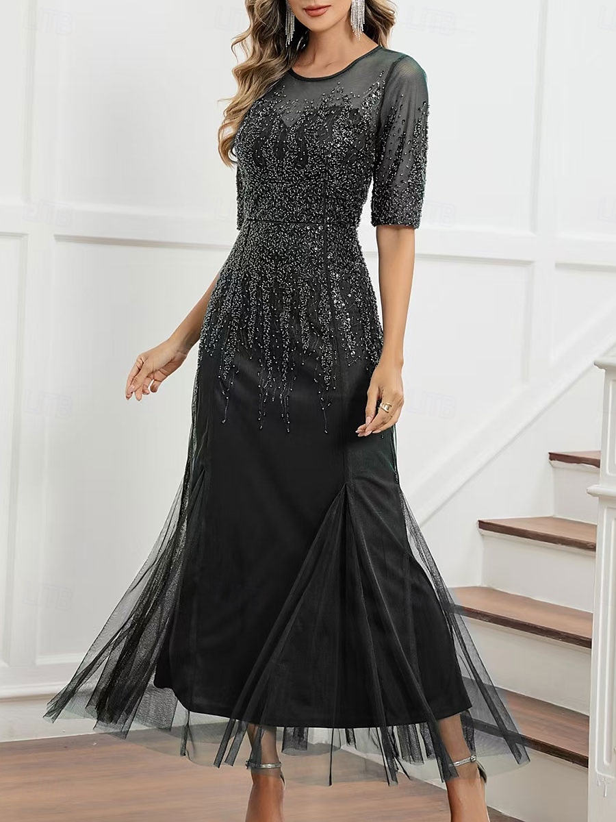 Dress Mother of the Bride Dress Elegant Party Black Dress Crew Neck Floor Length Polyester Half Sleeve with Sequin 2025 2025 - $129.99 –P5