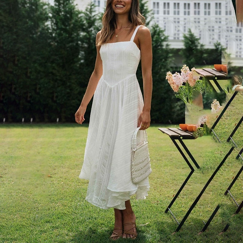 Per donna Abito Midi Abito Bianco Abito da laurea Abito Sottoveste Moda Compleanno Ferie Data Vestibilità regolare Semplice Senza Maniche Spalline sottili Bianco Estate del 2025 a $31.99 –P3