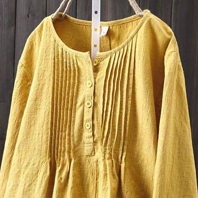 Women's Blouse Faux Cotton Linen Ruched Buttons Plain Modern Casual Long Sleeve Crew Neck Regular Tops Daily Going out White Yellow Pink Navy Blue Summer 2026 - $6.49 –P4