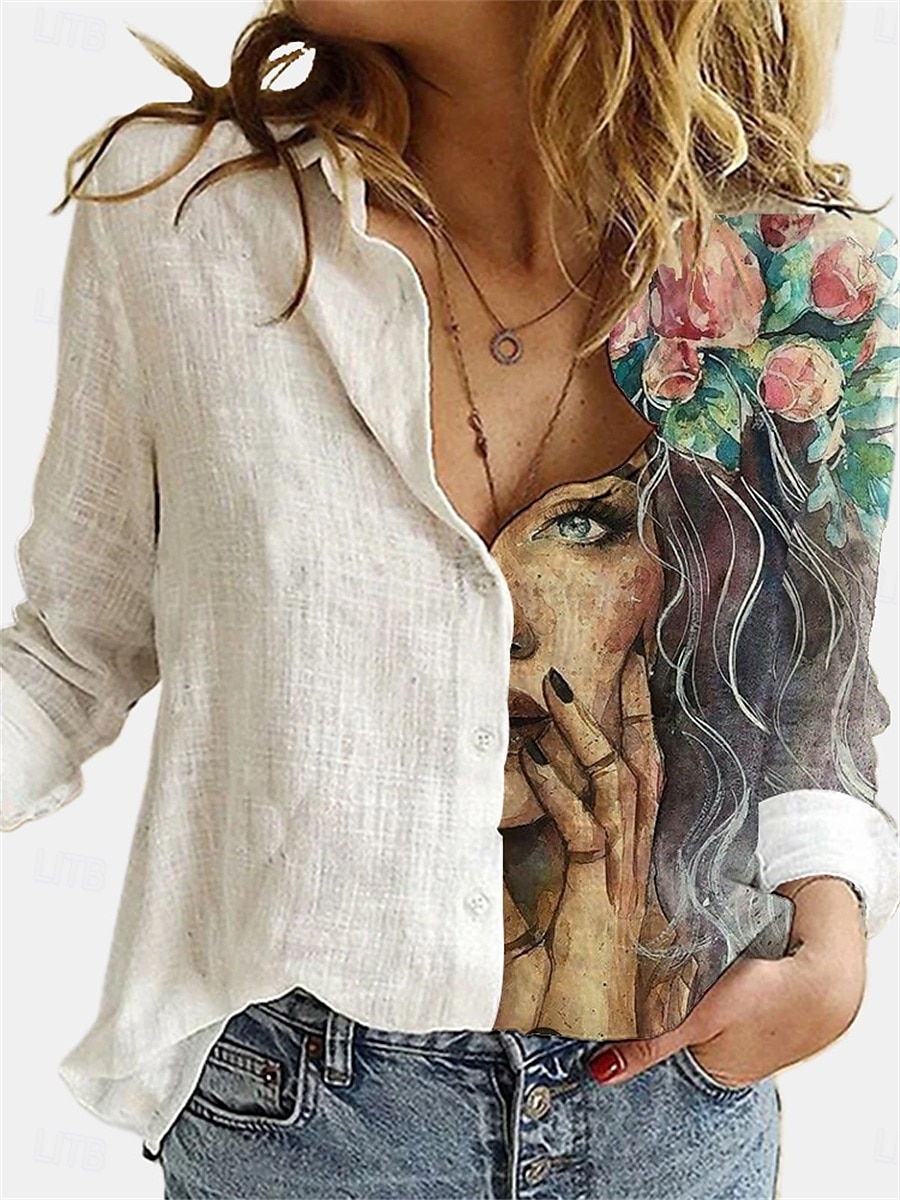 Camicia da donna in cotone e lino grafica quotidiana alla moda casual maniche lunghe colletto bottoni quotidiani bianca blu grigia estate primavera del 2025 a $19.99 –P1
