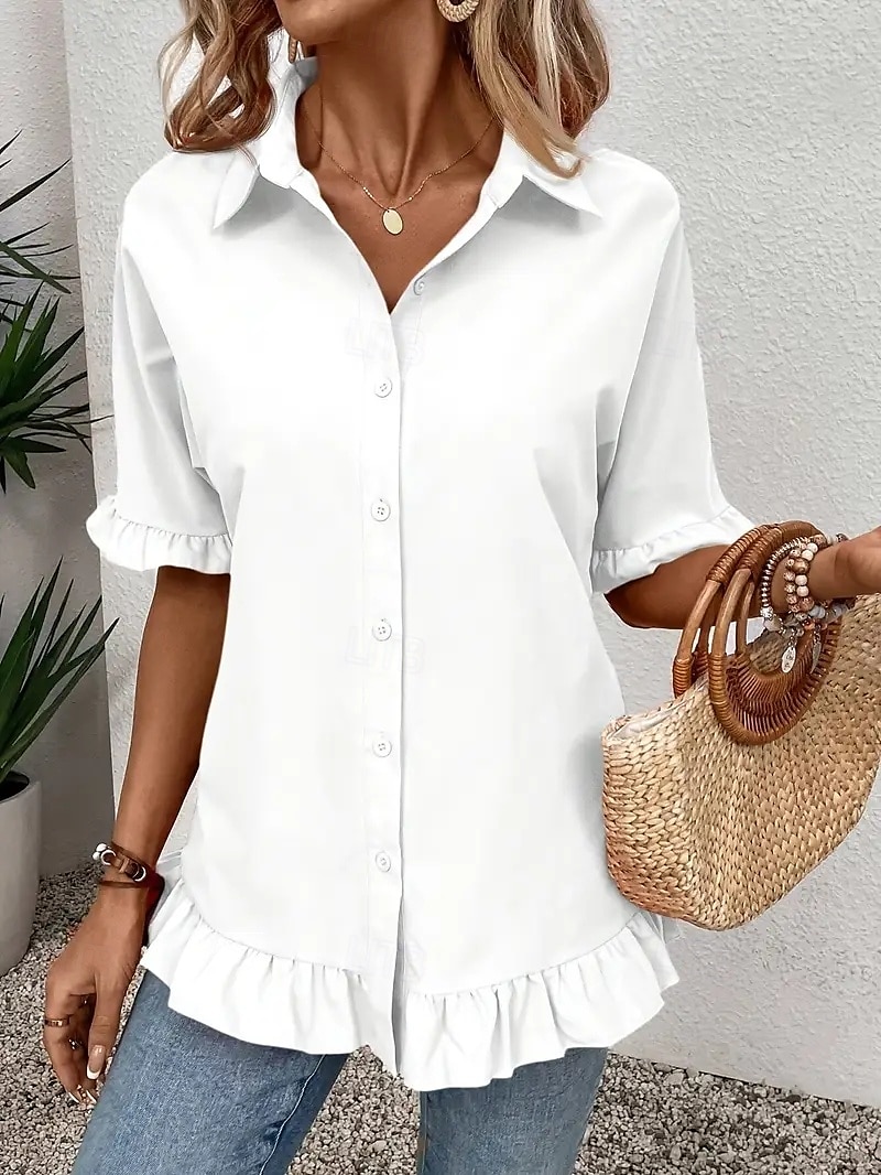 Damen Hemd Einfarbig Damen Arbeit Halbarm Glockenärmel Hemdkragen Normale Oberteile Arbeit Täglich Rüsche Knöpfe Weiß Orange Sommer Frühling Herbst 2025 - $21.99 –P2