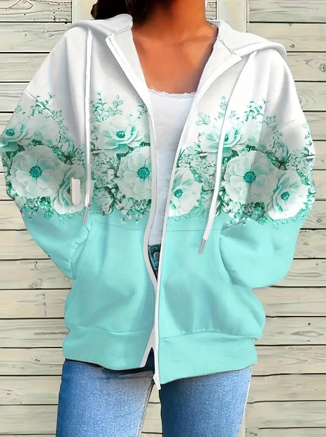 Kobieca bluza z zamkiem błyskawicznym oversize kwiatowa active vintage sportowa długi rękaw kaptur regularne bluzki casualowe wakacyjne z regulacją kieszeń z przodu różowy niebieski fuksja zielony 2025 - $24.99 –P6