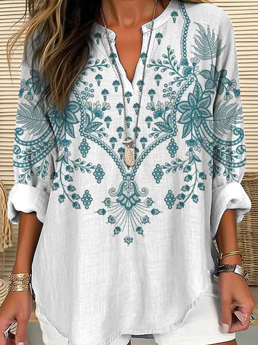 Dame Bluse Blomstret Grafisk Årgang Strandstil Langermet V-hals Vanlige topper Daglig Ferie Trykt mønster Hvit Rød Marineblå Lilla Grønn Sommer Vår 2025 - $24.99 –P1