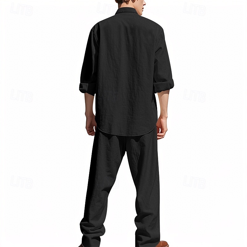 Men's T-shirt Suits Shirt and Pant Sets 2 Pieces Outfits Long Sleeve Stand Collar Summer Spring Plain Fashion Casual 2 Piece Vacation Daily Wear Going out Black White Blue Top Tee for Men 2025 - $48.99 –P15