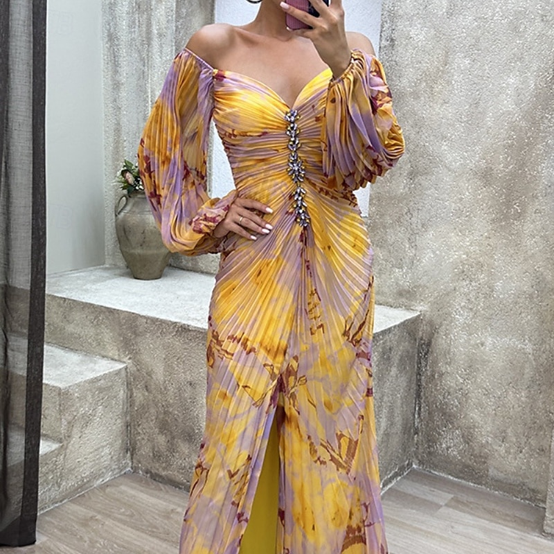 Femme robe longue robe soirée Robe froncée Mode Soirée Standard Fleur manche longue Col V Jaune Vin Bleu Vert Eté de 2025 ? $30.99 –P5