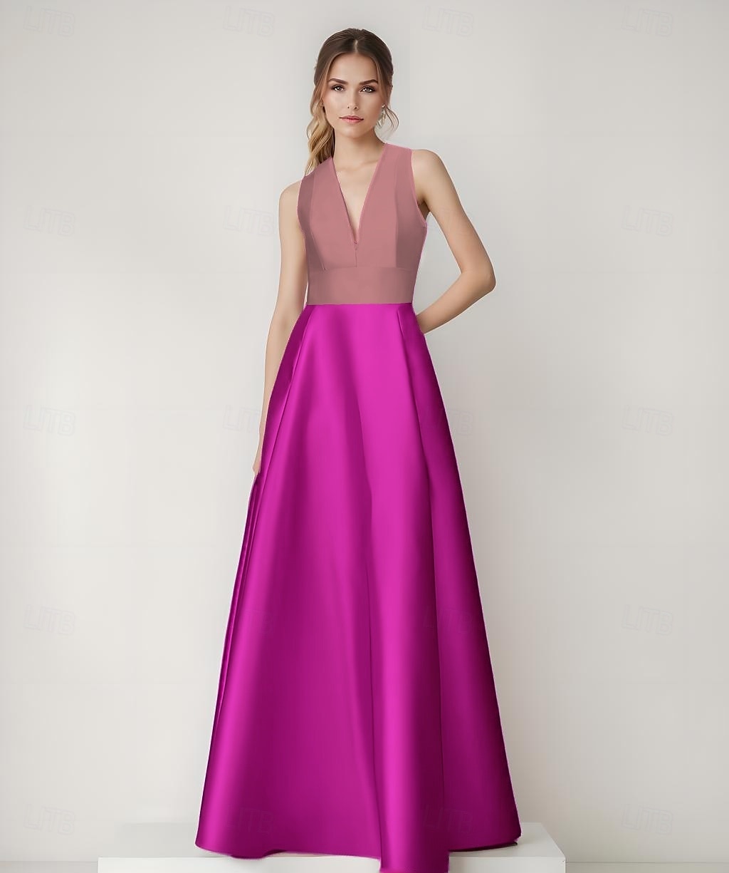 Vestido de noite em linha A, elegante, com blocos de cores, costas vazadas, formal, casamento, comprimento até o chão, sem mangas, decote em V, cetim com bolso lateral 2025 de 2025 por $148.99 –P5