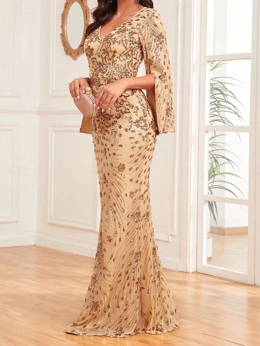 Havfrue  Trompet Quinceanera Kjoler Elegant Kjole Bryllup Bryllups gjest Gulv Lengde Lange Ermer V Hals Spandex med Paljetter 2025 - $129.99 –P16