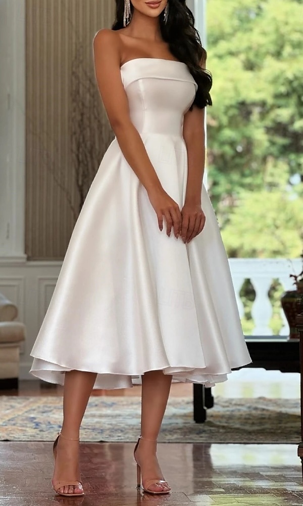 Engagement Little White Dresses Wedding Dresses A-Line Sweetheart Sleeveless Tea Length Satin Bridal Gowns With Pleats Solid Color 2025 2025 - $144.99 –P3