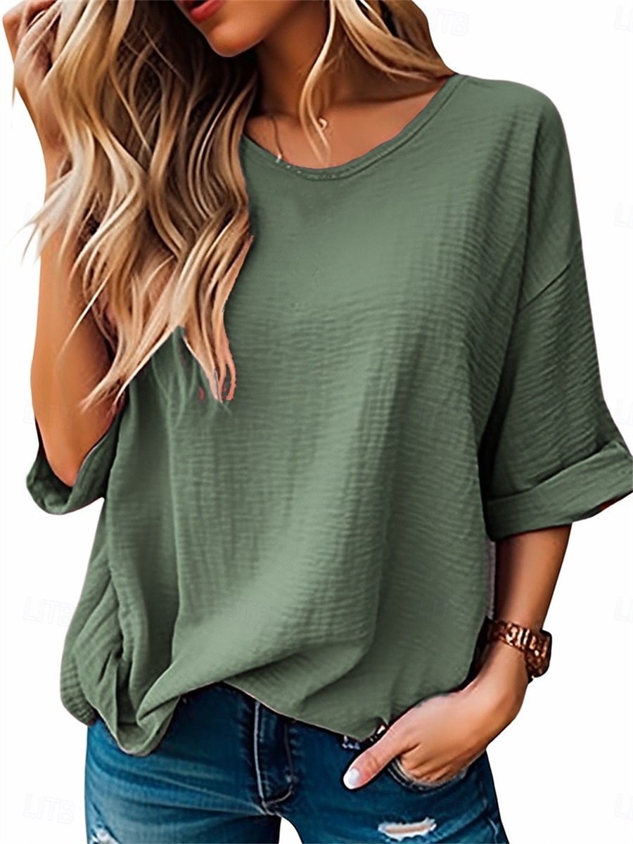 Women's Blouse Solid Color Elegant Daily Stylish Half Sleeve Crew Neck Regular Tops Daily Linen Like Blue Purple Orange Green Summer Spring 2025 - $16.99 –P4