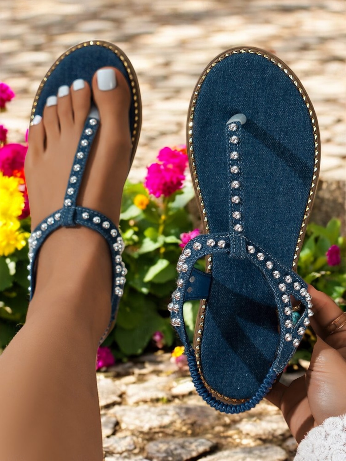 damsandaler i denim strass med t-remmar – platta sommarsandaler för lediga sommaren för strand, semester och vardagsbruk 2025 - $19.99 –P2