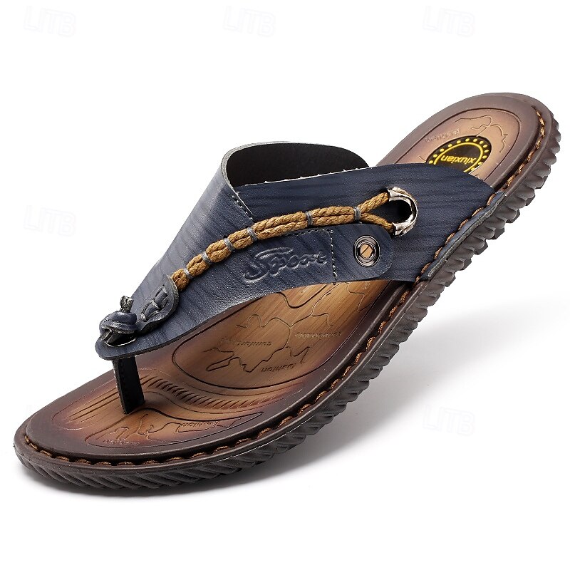 Chanclas de lujo para hombre de piel sintética marrón con diseño en relieve y correa trenzada: calzado de primera calidad y comodidad para salidas informales con estilo. 2025 - $26.99 –P9