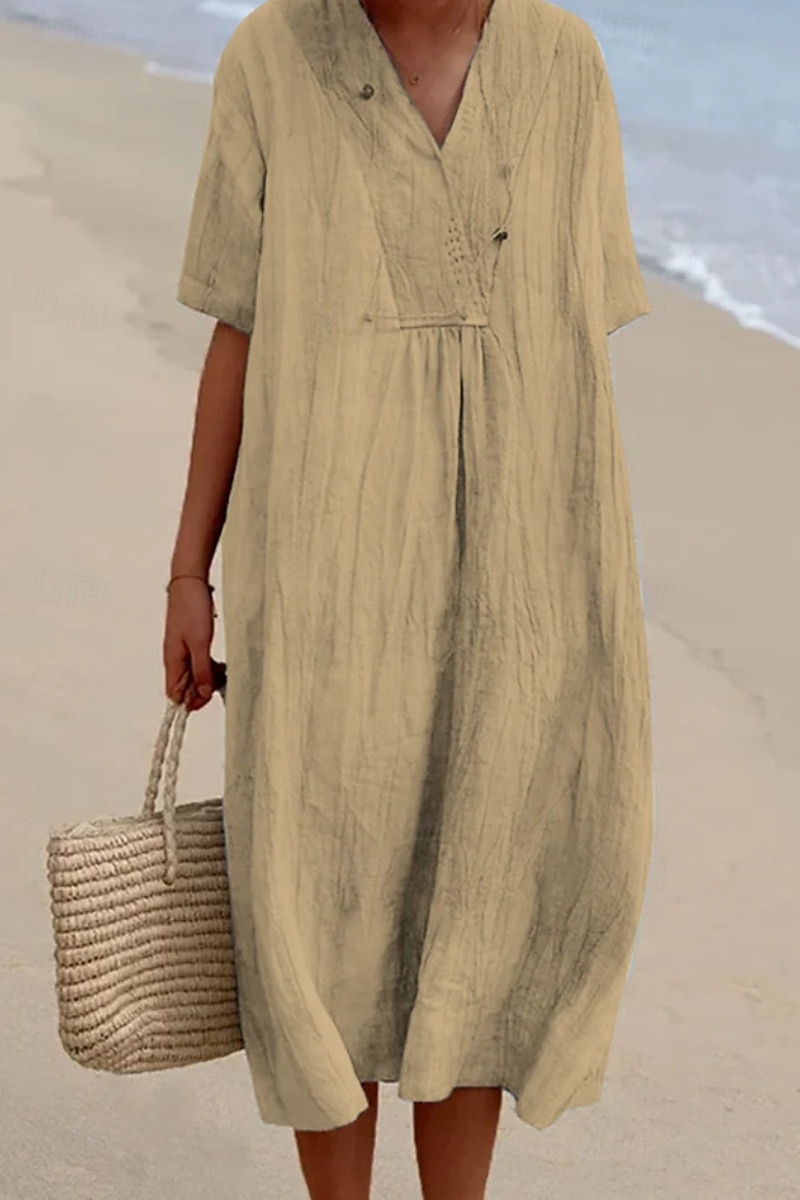 Femmes Robe Midi Robes en coton et lin Robe en coton et lin Mode Classique Moderne Vacances Quotidien Fête Coupe régulière Uni Manche Courte Col en V Vert Claire Rose Claire Bleu Vert Été de 2025 ? $26.99 –P5