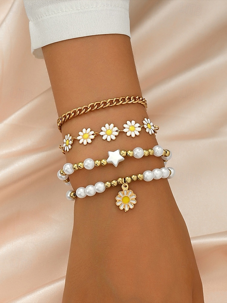 "Boho Daisy Pearl Bracelet Set for Women – Gold Chain & Beaded Layered Bracelets, Cute Floral Jewelry for Summer, Beach, Festivals and Casual Wear" 2025 - $7.99 –P2