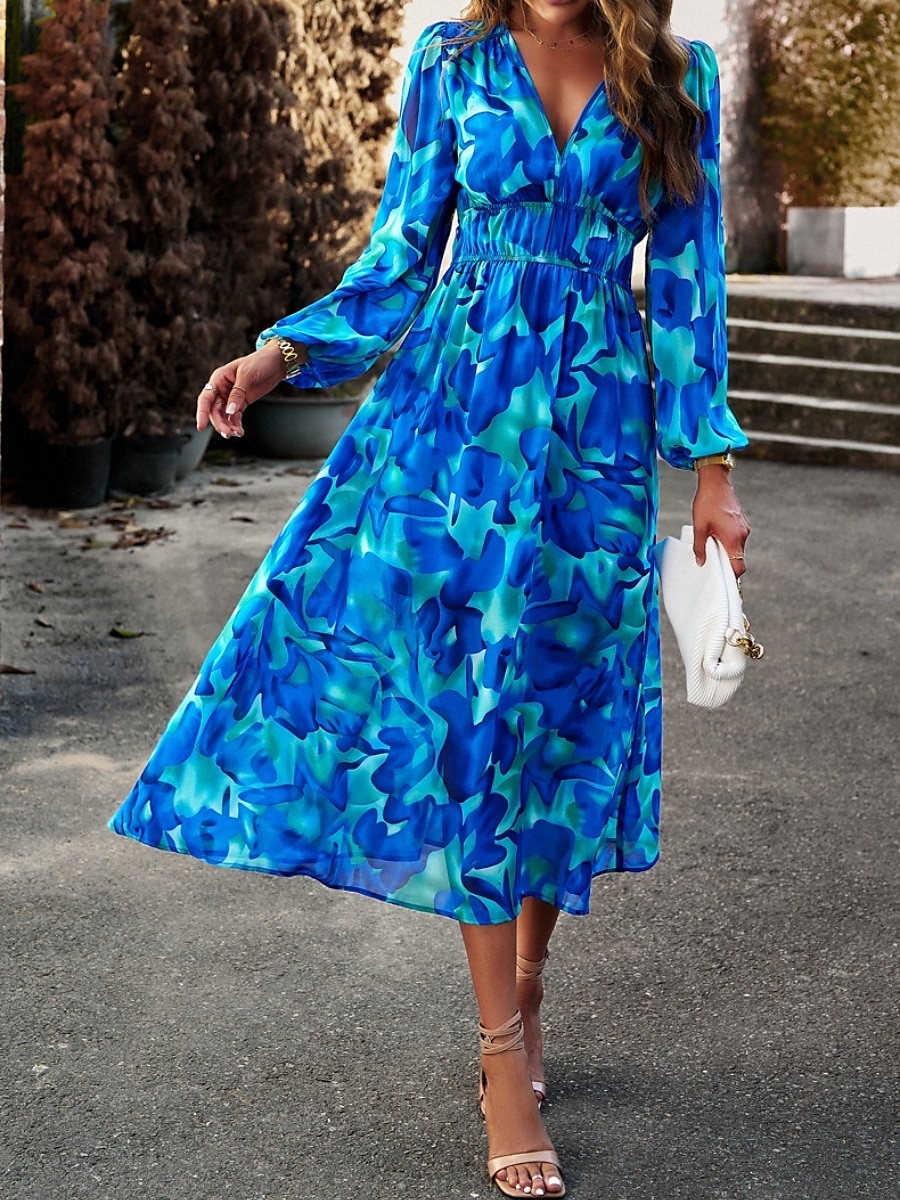 Women's Midi Dress A Line Dress Fit And Flare Dress Puff Sleeve Dress Vacation Casual Vacation Daily Regular Fit Graphic Long Sleeve V Neck Red Blue Green Apricot Summer 2025 - $46.99 –P2