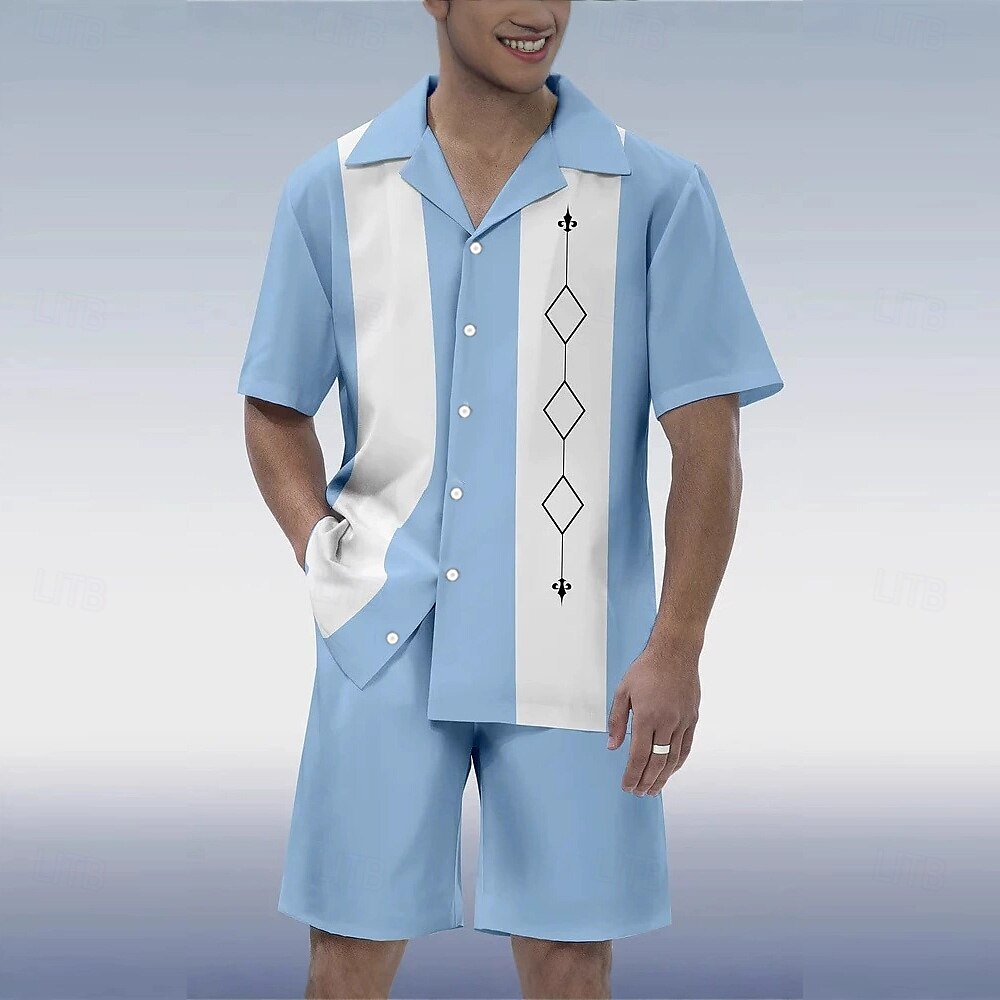 Men's Geometic Printing 2pcs Shirts Sets Shirt Set Short Sleeve Short Pants Cuban Collar Vacation Casual Daily Party Casual Daily 3D Print Summer Robin's Egg Blue Brown 2025 - $37.99 –P1