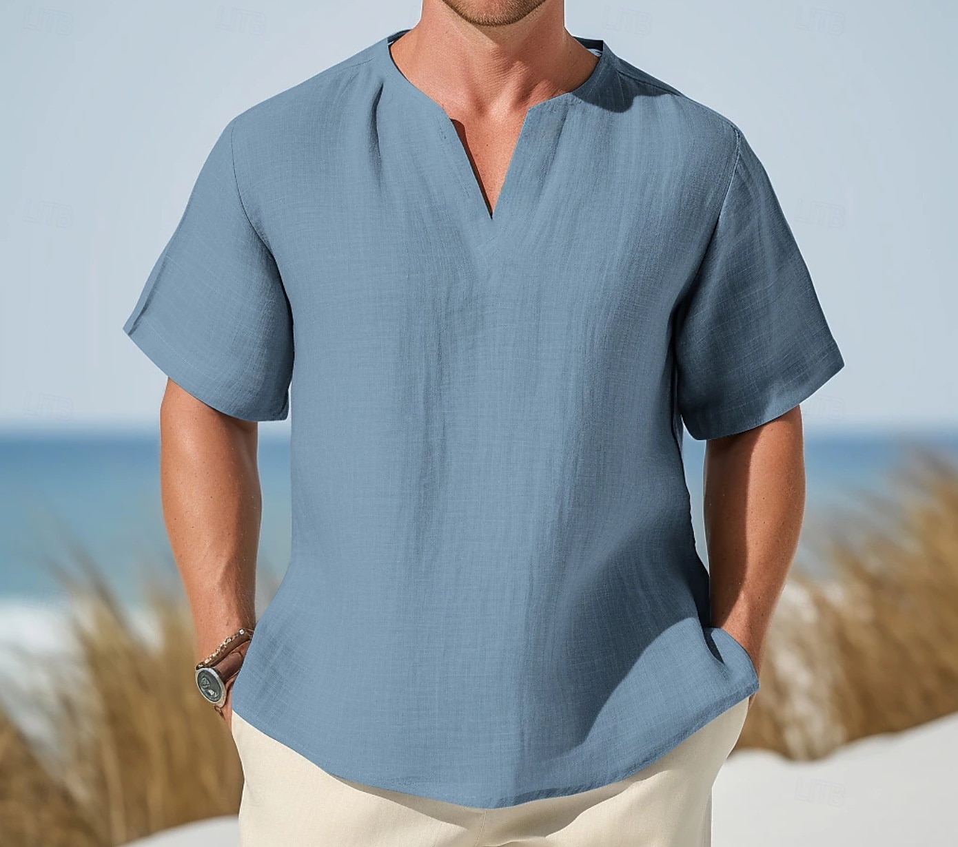 Men's Tee Top Linen T-Shirt Short Sleeves V Neck Summer Plain Fashion Designer Basic Soft Vacation Street Casual Daily Light Blue White Pink Top Tee for Men 2025 - $18.99 –P1