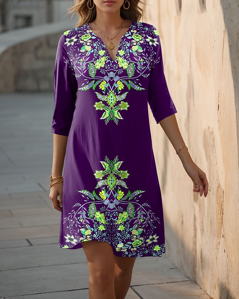 Robe Mini Femme Robe Shift Formelle Vacances Quotidien Ajustement Régulier Floral Graphique Manches 3/4 Col V Bleu Violet Vert Été Printemps de 2025 ? $25.99 –P3