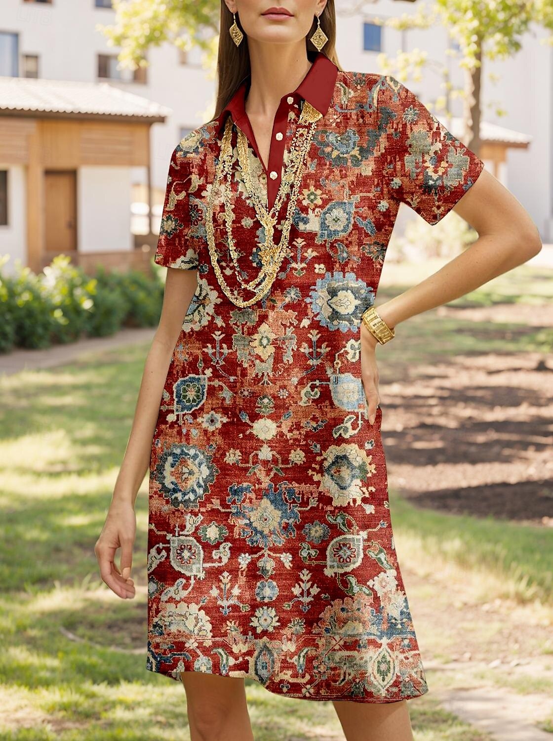 Damen Midikleid A Linie Kleid Urlaub Lässig Täglich Date Normale Passform Grafik Geometrisch Kurzarm Hemdkragen Wein Sommer 2025 - $29.99 –P1
