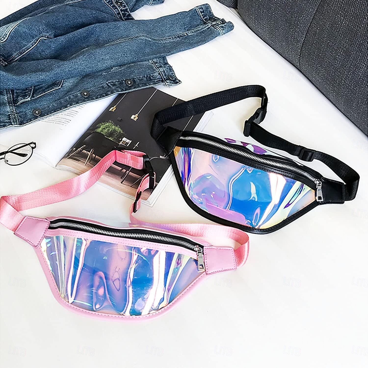 Sac banane en TPU coloré, sac de poitrine laser pour femme, sac à bandoulière de course en plein air imperméable, sac suspendu en PVC transparent de 2025 ? $9.99 –P1