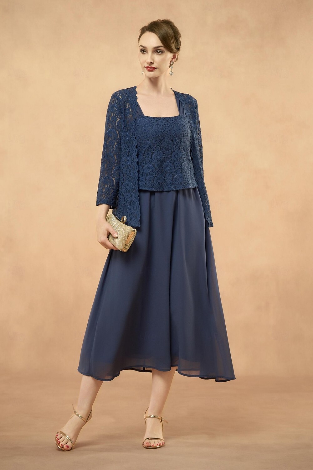 abito da sposa a trapezio in 3 pezzi per la madre della sposa, elegante, scollo quadrato, lunghezza al pavimento, pizzo floreale, manica a 3/4, tinta unita 2025 del 2025 a $69.99 -P1