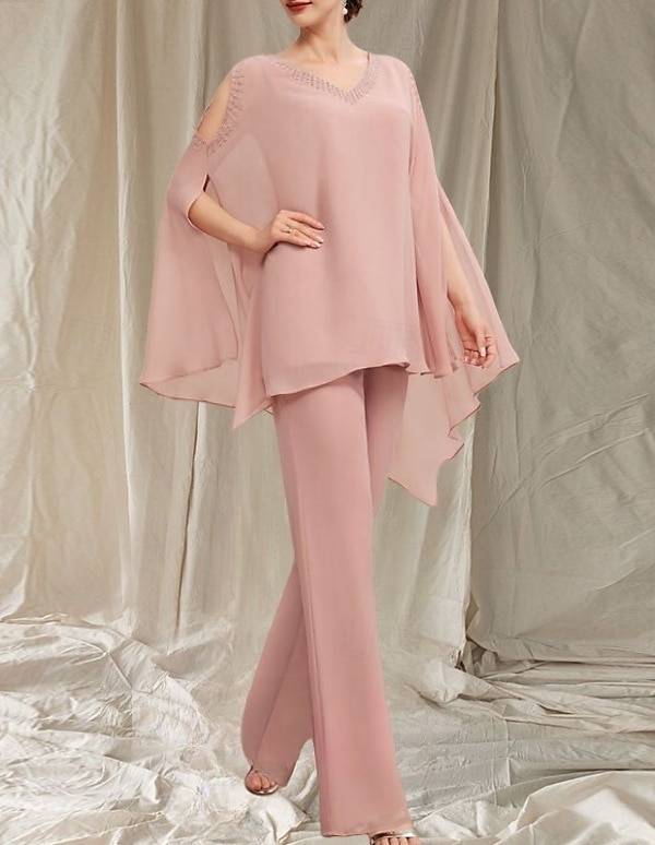 Macacão  Vestido de Calça Mãe da Noiva Vestido Convidada de Casamento Elegante Decote em V Comprimento do Chão Chiffon Manga Longa com Aplicações de 2025 por $147.99 –P3