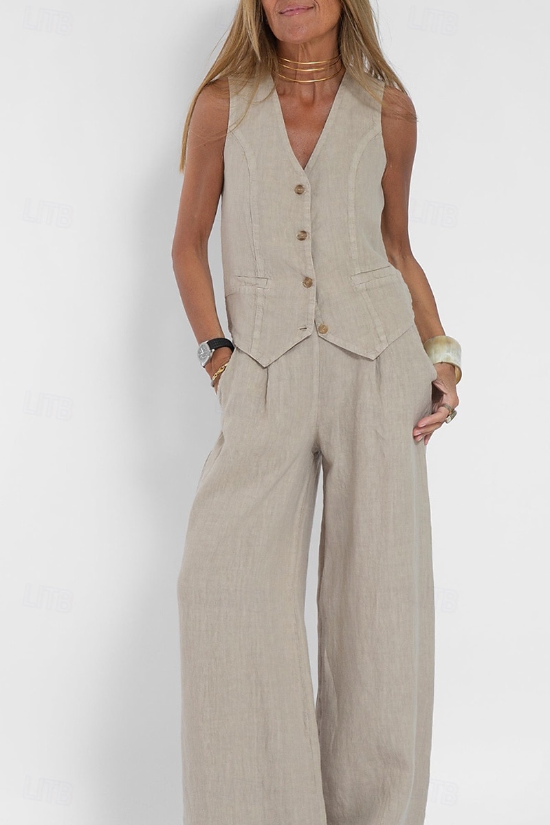 Women's Active Basic Linen-Inspired Sets Two Piece Sets Blouse Sleeveless V Neck Solid Color Dubbele Rij Knopen Vacation Casual Daily Black White Wine Summer Regular Fit 2025 - $26.99 –P1