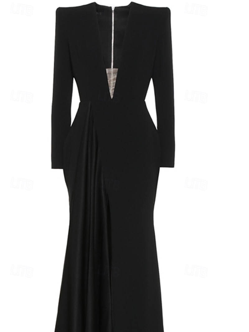 Robe de soirée en A robe élégante de mariage formelle traîne balayante/traîne courte à manches longues col en V en crêpe extensible avec plis fente de 2025 ? $158.99 –P5
