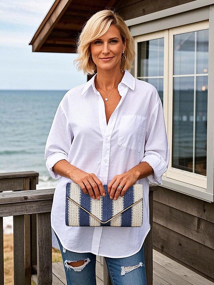 dames gestreepte geweven envelop clutch - met ketting, kan op één schouder of crossbody worden gedragen, modieus en veelzijdig, geschikt voor strandfeestjes en dagelijks gebruik zwart rood kaki 2025 - $19.99 –P2