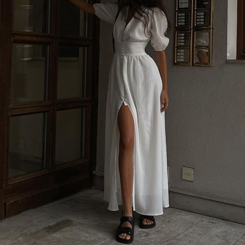 Per donna Abito Midi Abito Bianco Moda Moderno Compleanno Ferie Laurea Vestibilità regolare Semplice Manica Corta Scollo a V Nero Bianco Estate del 2025 a $34.99 –P2