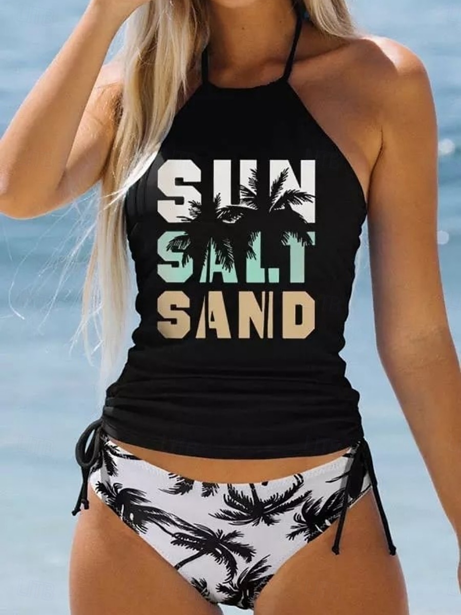 Kvinnors Baddräkter Tankini 2 Delar Cheeky Baddräkt Mage Kontroll Slim Semester Strandkläder Grafisk Bokstav Rund Hals Ärmlösa Baddräkter 2025 - $28.99 –P4